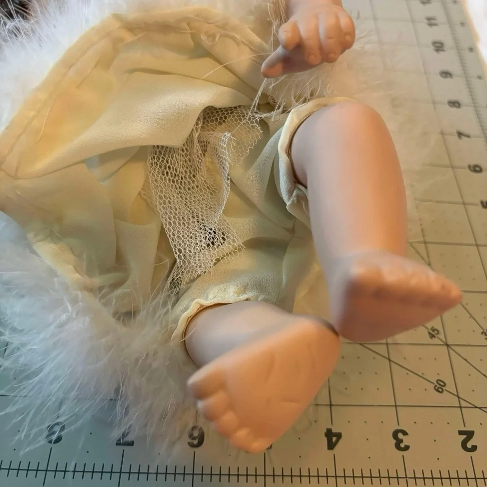 Porcelain Girl Doll Cloth Body Sitting Brown ling hair fancy Cream nightgown